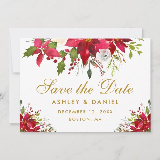 Save The Date Mariage de Fêtes Poinsettia Floral Or (Devant)