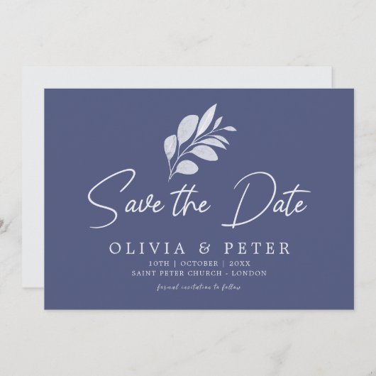 Save The Date Mariage de feuillage gris bleu moderne (Devant / Derrière)
