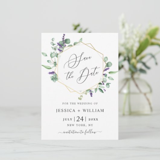 Save The Date Mariage de feuillage moderne Eucalyptus Lavender (Debout devant)