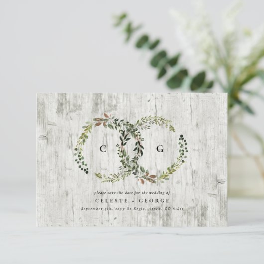 Save The Date Mariage de feuillage rustique en bois d'argent (Debout devant)