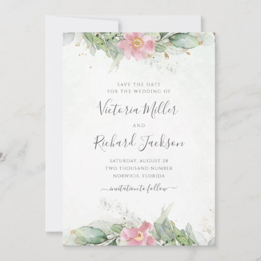 Save The Date Mariage de feuillage vert Eucalyptus rose (Devant)