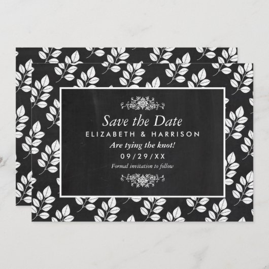 Save The Date Mariage de feuille florale de tableau noir (Devant / Derrière)