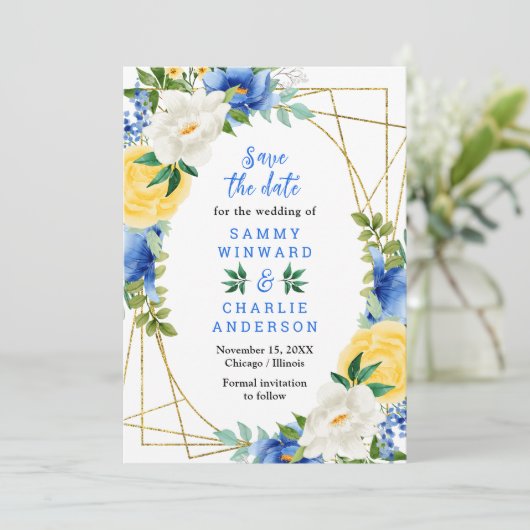 Save The Date Mariage de fleurs bleu et jaune (Debout devant)