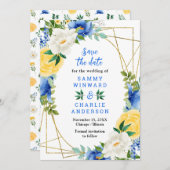 Save The Date Mariage de fleurs bleu et jaune (Devant / Derrière)