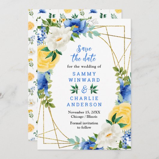 Save The Date Mariage de fleurs bleu et jaune (Devant / Derrière)