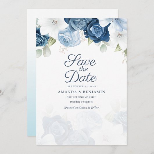Save The Date Mariage de fleurs bleu foncé (Devant / Derrière)
