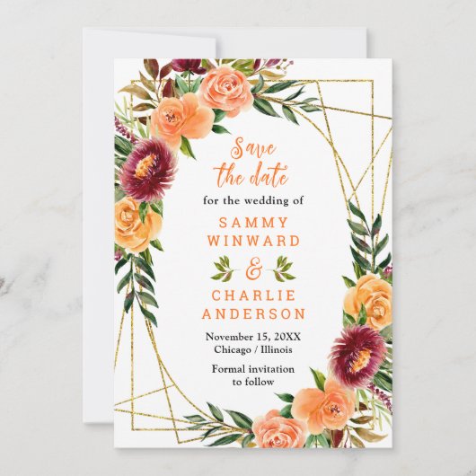 Save The Date Mariage de fleurs Bourgogne et orange (Devant)