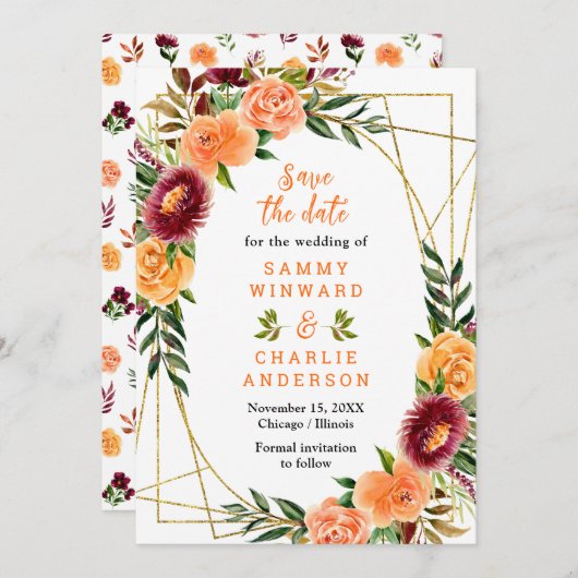 Save The Date Mariage de fleurs Bourgogne et orange (Devant / Derrière)