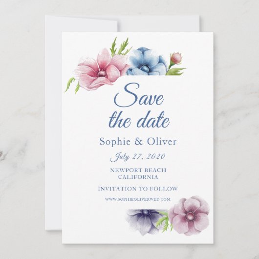 Save The Date Mariage de fleurs d'anémone aquarelle (Devant)
