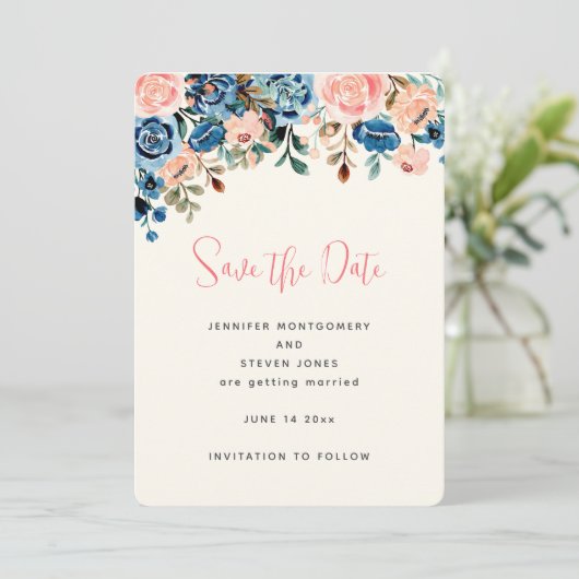Save The Date Mariage de fleurs d'aquarelle rose et bleu (Debout devant)