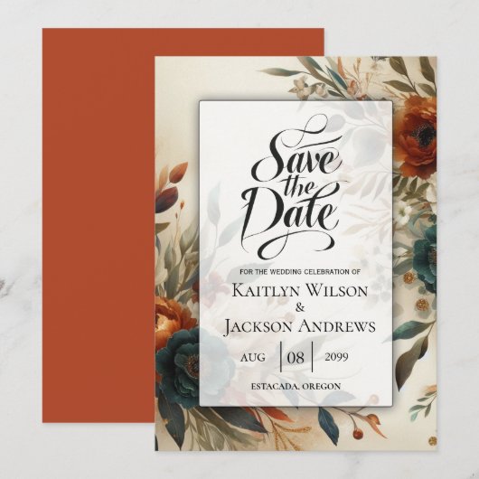 Save The Date Mariage de fleurs d'automne orange et bleu brûlés (Devant / Derrière)