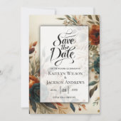 Save The Date Mariage de fleurs d'automne orange et bleu brûlés (Devant)
