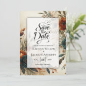 Save The Date Mariage de fleurs d'automne orange et bleu brûlés (Debout devant)