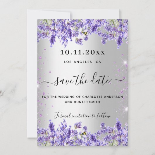 Save The Date Mariage de fleurs de lavande d'argent enregistrer  (Devant)