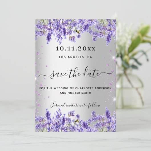 Save The Date Mariage de fleurs de lavande d'argent enregistrer (Debout devant)