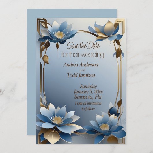 Save The Date Mariage de fleurs de lotus bleu et or Art nouveau (Devant / Derrière)
