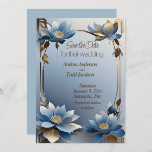 Save The Date Mariage de fleurs de lotus bleu et or Art nouveau