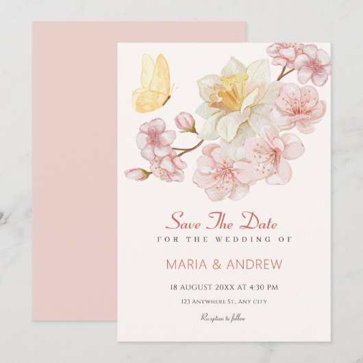 Save The Date Mariage de fleurs de pêche (Devant / Derrière)