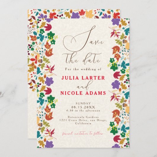 Save The Date Mariage de fleurs de prés pourpre jaune moutarde d (Devant / Derrière)