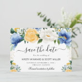 Save The Date Mariage de fleurs d'été bleu et jaune (Debout devant)