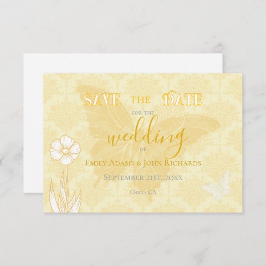 Save The Date Mariage de fleurs et papillons jaunes (Devant / Derrière)