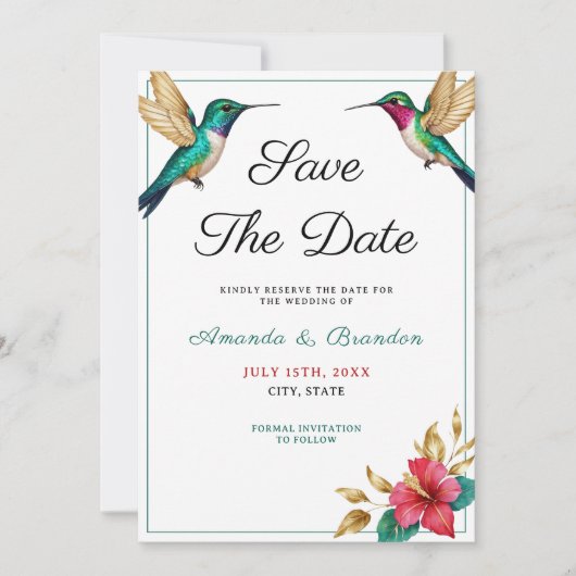 Save The Date Mariage de fleurs tropicales rouges des colibris v (Devant)