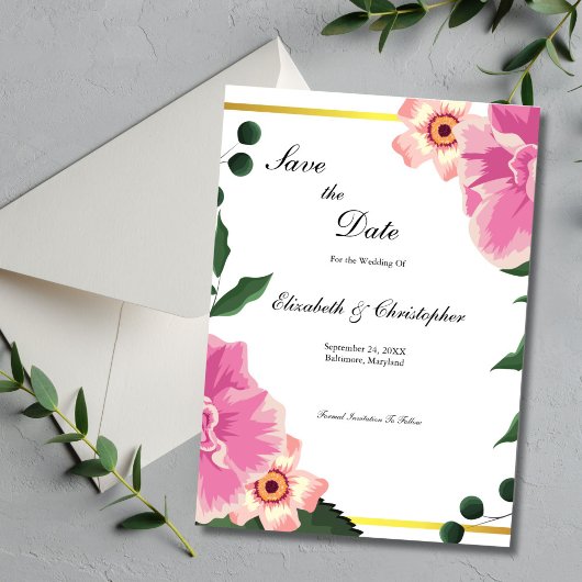 Save The Date Mariage de frontière rose vert Floral or