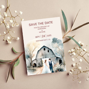 Save The Date Mariage de grange rustique à l'aquarelle