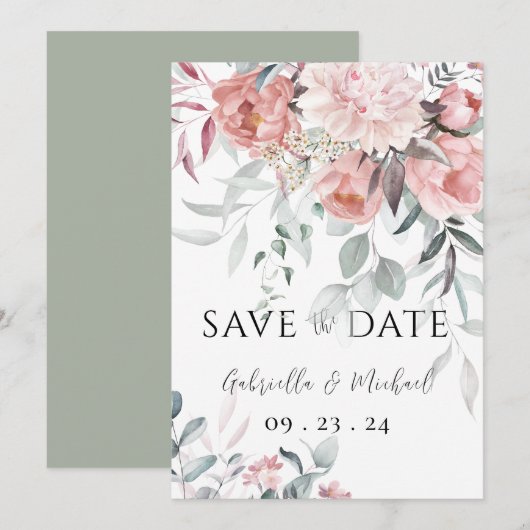 Save The Date Mariage de greenery de pivoine aquarelle rose (Devant / Derrière)
