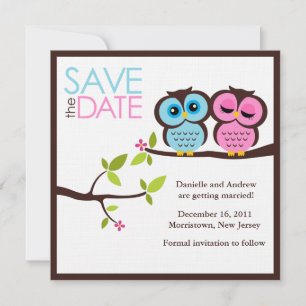 Save The Date Mariage de hiboux bleus et roses