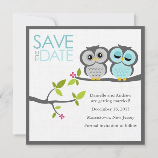 Save The Date Mariage de Hiboux Gris et Aqua Enregistrez la Date (Devant)