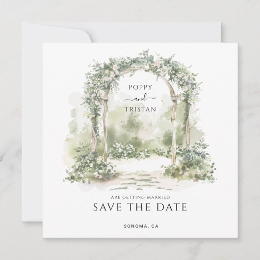 Save The Date Mariage de jardin élégant avec arche florale (Devant)