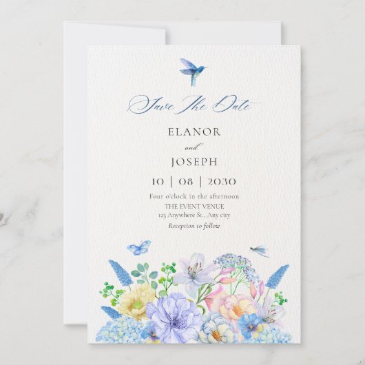 Save The Date Mariage de jardin floral bleu esthétique (Devant)