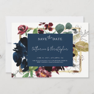 Save The Date Mariage de jardin floral élégant en bordeaux et bl