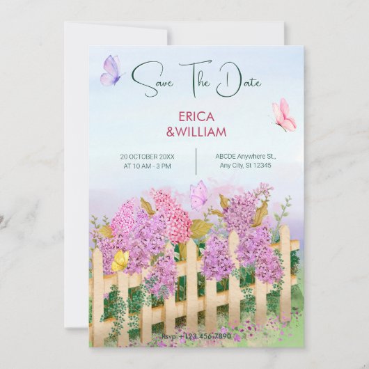 Save The Date Mariage de jardin papillons Rose Violet (Devant)