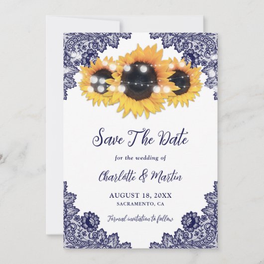 Save The Date Mariage de la Marine Blue Sunflower Lace (Devant)