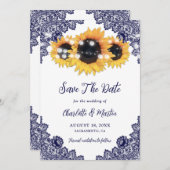 Save The Date Mariage de la Marine Blue Sunflower Lace (Devant / Derrière)