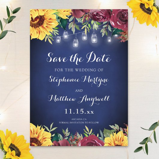 Save The Date Mariage de la marine Blue Sunflower Mason Jar