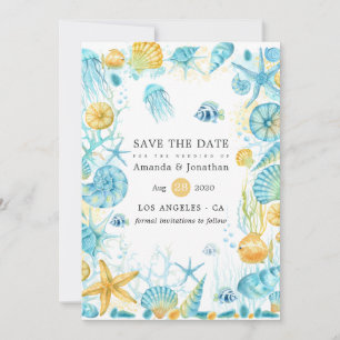 Save The Date Mariage de la vie marine bleu et jaune