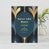 Save The Date Mariage de luxe Art déco bleu et or (Debout devant)