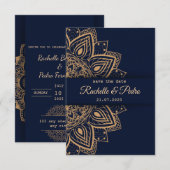 Save The Date Mariage de Luxe Bleu Élégant et Or (Devant / Derrière)