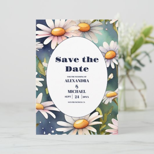 Save The Date Mariage de marguerite bleu marine (Debout devant)