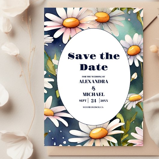 Save The Date Mariage de marguerite bleu marine