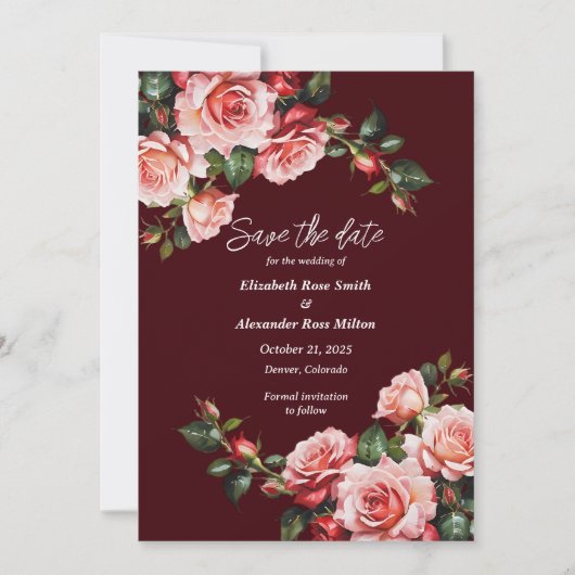 Save The Date Mariage de marron rose et rouge rose foncé moody (Devant)