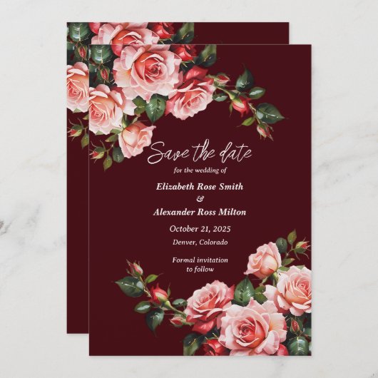 Save The Date Mariage de marron rose et rouge rose foncé moody (Devant / Derrière)