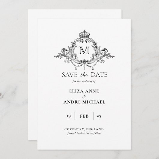 Save The Date Mariage de monogramme de couronne royale (Devant / Derrière)