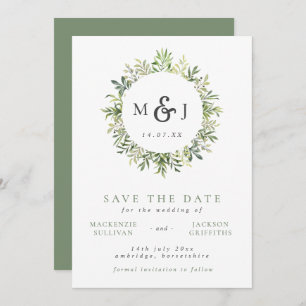 Save The Date Mariage de monogramme de couronne vert moderne