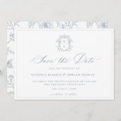 Save The Date Mariage de monogramme de crête bleu poussiéreux (Devant / Derrière)