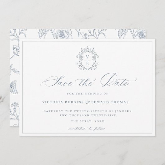 Save The Date Mariage de monogramme de crête bleu poussiéreux (Devant / Derrière)