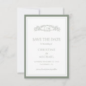 Save The Date Mariage de monogramme de la crête botanique verte (Devant)